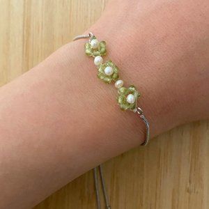 Dainty Beaded Peridot & Freshwater Pearl Flower Bracelet